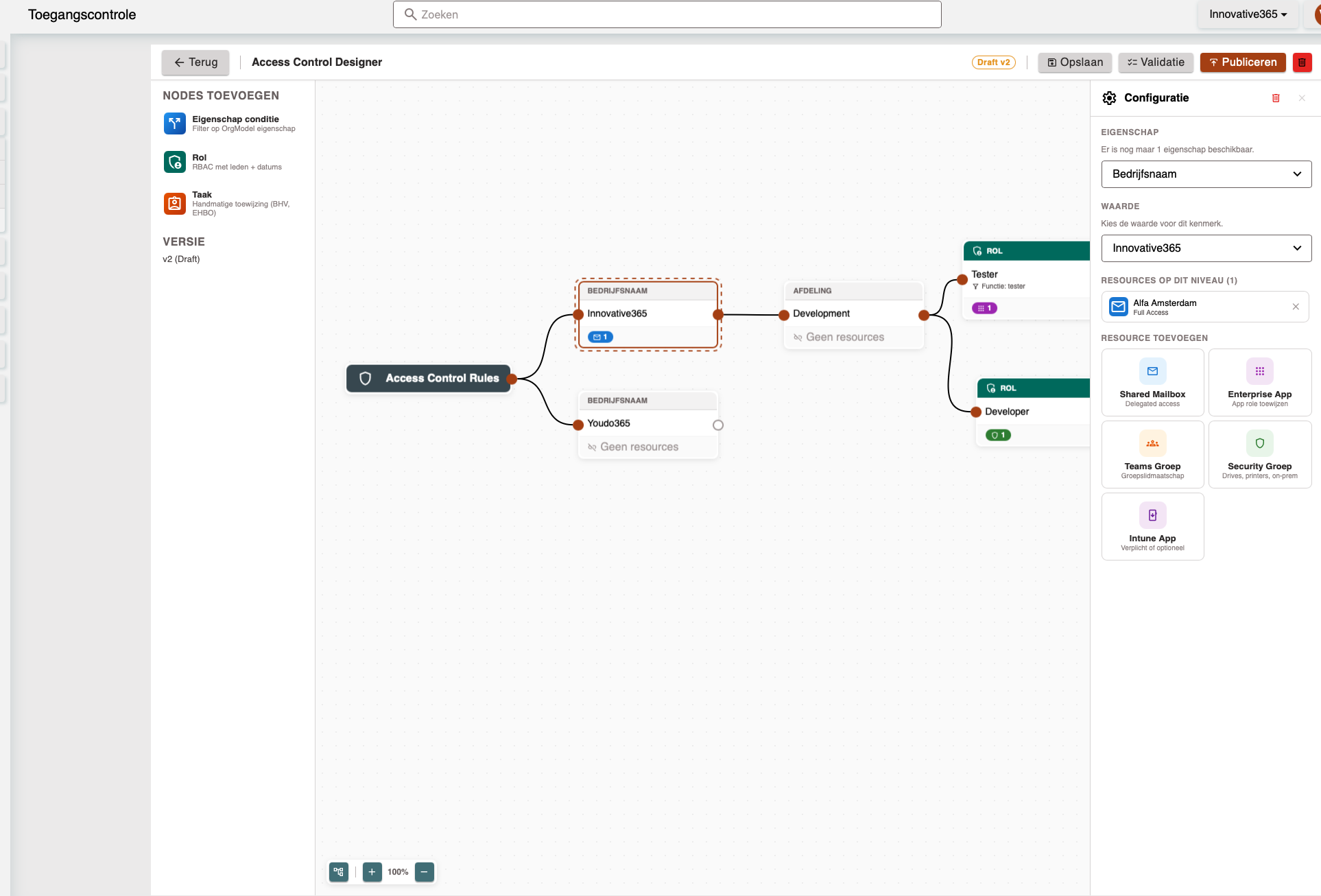Conditie-node geselecteerd met configuratiepaneel