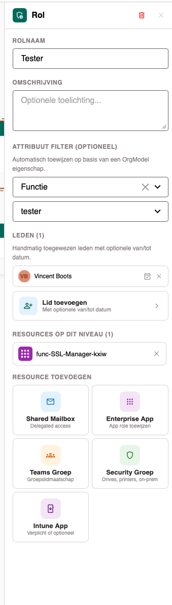 Rol-node geselecteerd met leden en datumbereik
