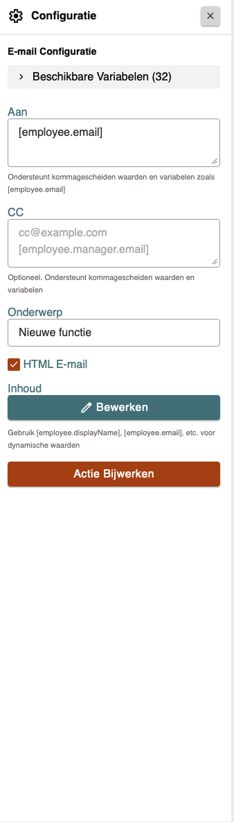 E-mail actie configuratie E-mail actie configuratie