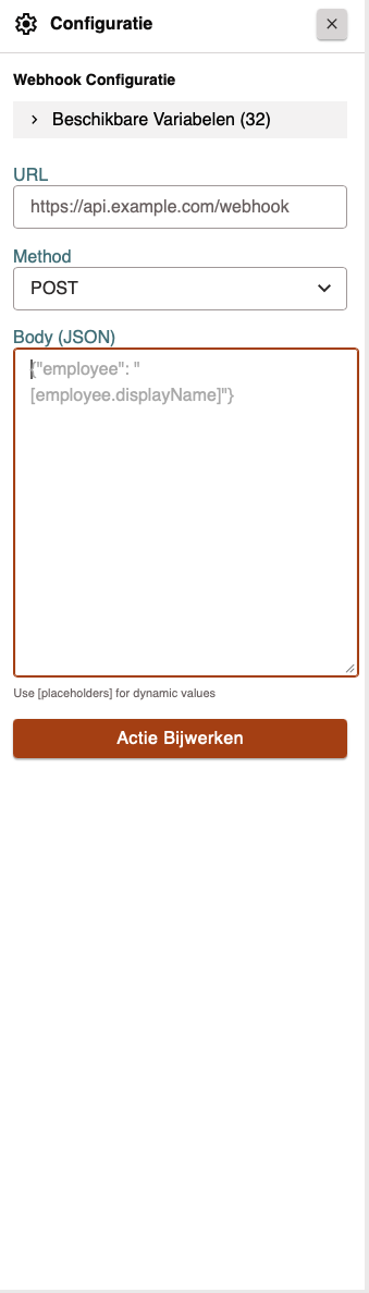 Webhook actie configuratie Webhook actie configuratie