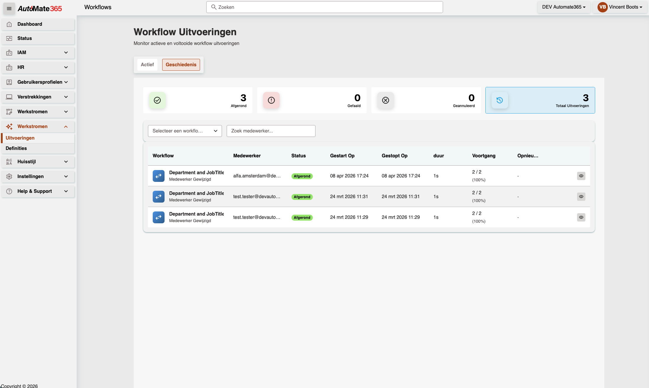 Workflow uitvoeringen historie